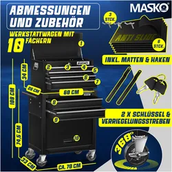 Masko, Werkzeugwagen inklusive Koffer 9 Fächer Abschliessbar Metall Rollwagen