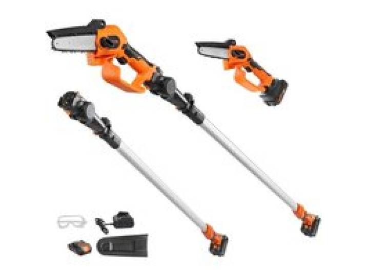 VEVOR Mini Kettensäge mit Akku 20V 2Ah Bürstenloser Motor 2 in 1 Akku-Hochentaster 22000U/min Kettensäge Elektro, Teleskop Heckenschere Astsäge mit Teleskopstiel Auszugslänge bis 2,43m