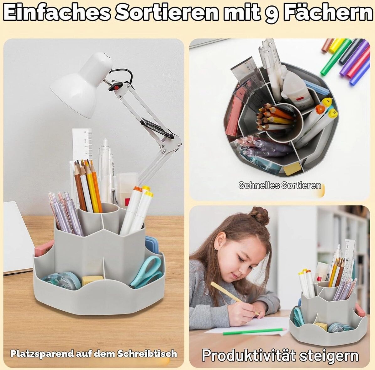 INF Drehbarer Stiftehalter mit 9 Fächern aus PP für Büro- und Schüler-Schreibtische