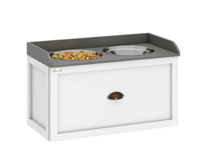 PawHut Gamelles Chiens Surélevées Tiroir 2 Bols Gamelles 2L Blanc Porte-Gamelles Surélevé Chat Rangement 2 en 1\, Acier Inox et Bois