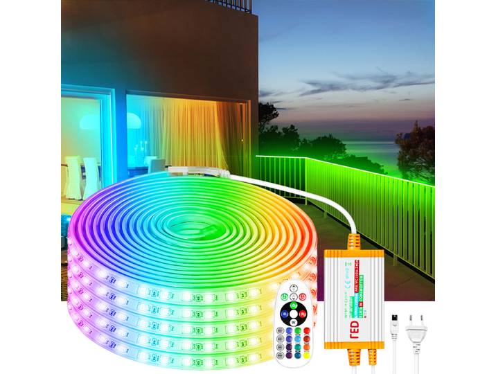Bande lumineuse LED RGB 220V, 5050 IP67, étanche, Flexible, 4 broches, 1500W, télécommande IR, variable, pour éclairage extérieur de jardin