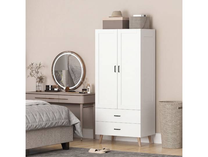 HOMCOM Armoire 2 Portes 2 Tiroirs Barre 80x54x180cm Blanc