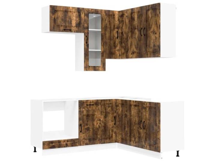 HKTMGDNG Küchenzeile Kalmar 8-teilig Geräucherte Eiche Holzwerkstoff Praktischer Küchenblock mit Glastür und Eckschrank für optimale Raumausnutzung in Ihrer Küche. Flexibel anpassbar.
