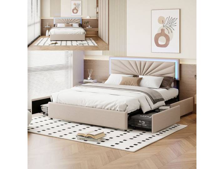 Lit 160x200 cm - LED - tissu en Lin - lit adulte 160x200 cm - 160x200 cm - Beige