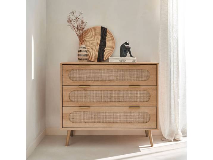 Commode décor bois, cannage arrondi, 3 tiroirs