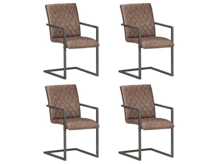Fisinber Freischwinger 4er Set Esszimmerstühle aus Echtleder Braun Gepolsterte Küchenstühle im Used-Look mit Rautensteppung und Armlehnen schaffen industriellen Komfort im Essbereich.