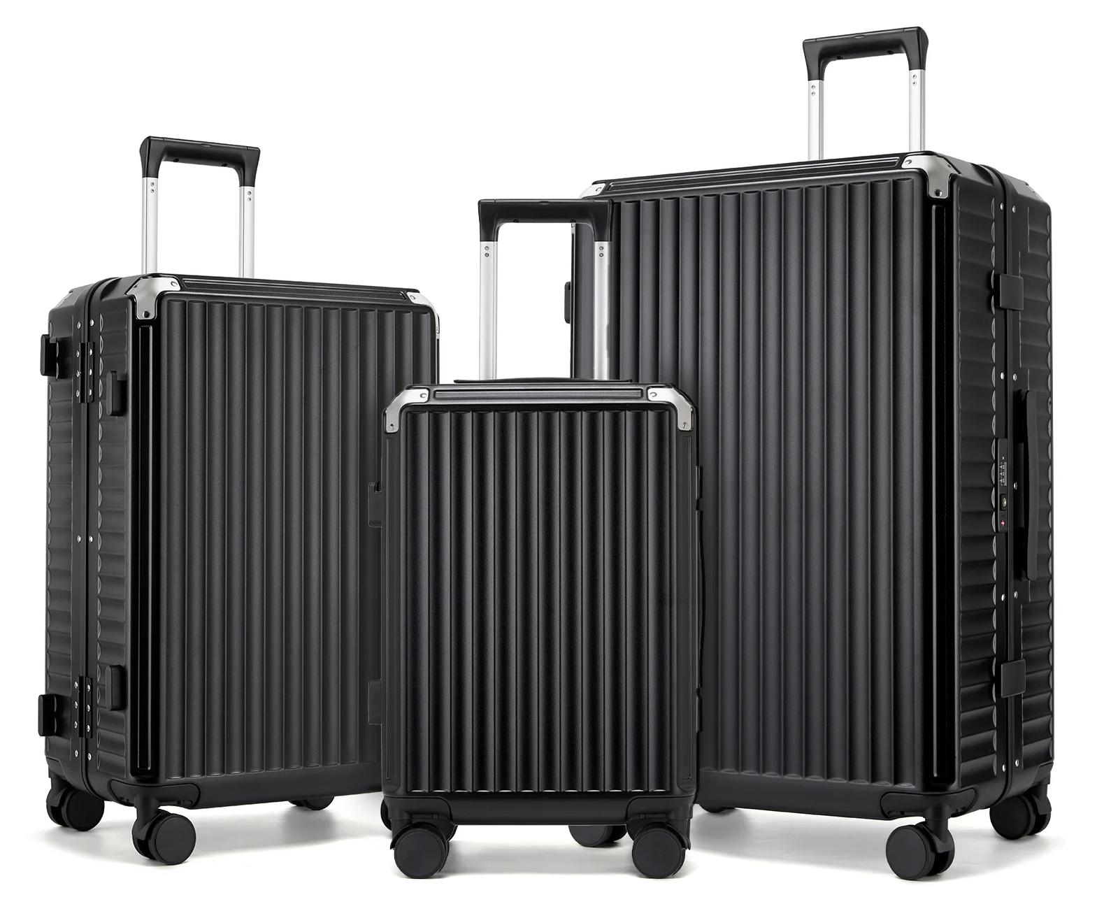 3-teiliges PC-Hartschalenkofferset - 51/61/71 cm - Becherhalter - Reißverschlussfreier Aluminiumrahmen - TSA-Schloss - 4 Rollen - Schwarz