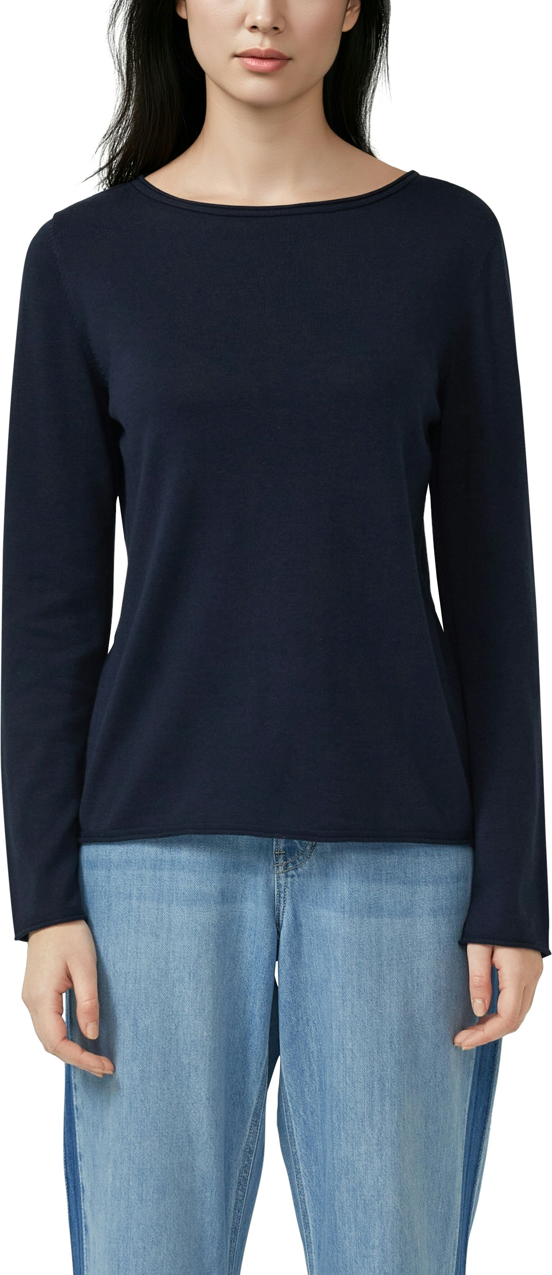 Strickpullover S.OLIVER, Damen, Gr. 34, blau (navy), Strick, Obermaterial: 100% Baumwolle, unifarben, normal hüftbedeckend, U-Boot-Ausschnitt, Pullover Strickpullover, mit U-Boot-Ausschnitt navy 34