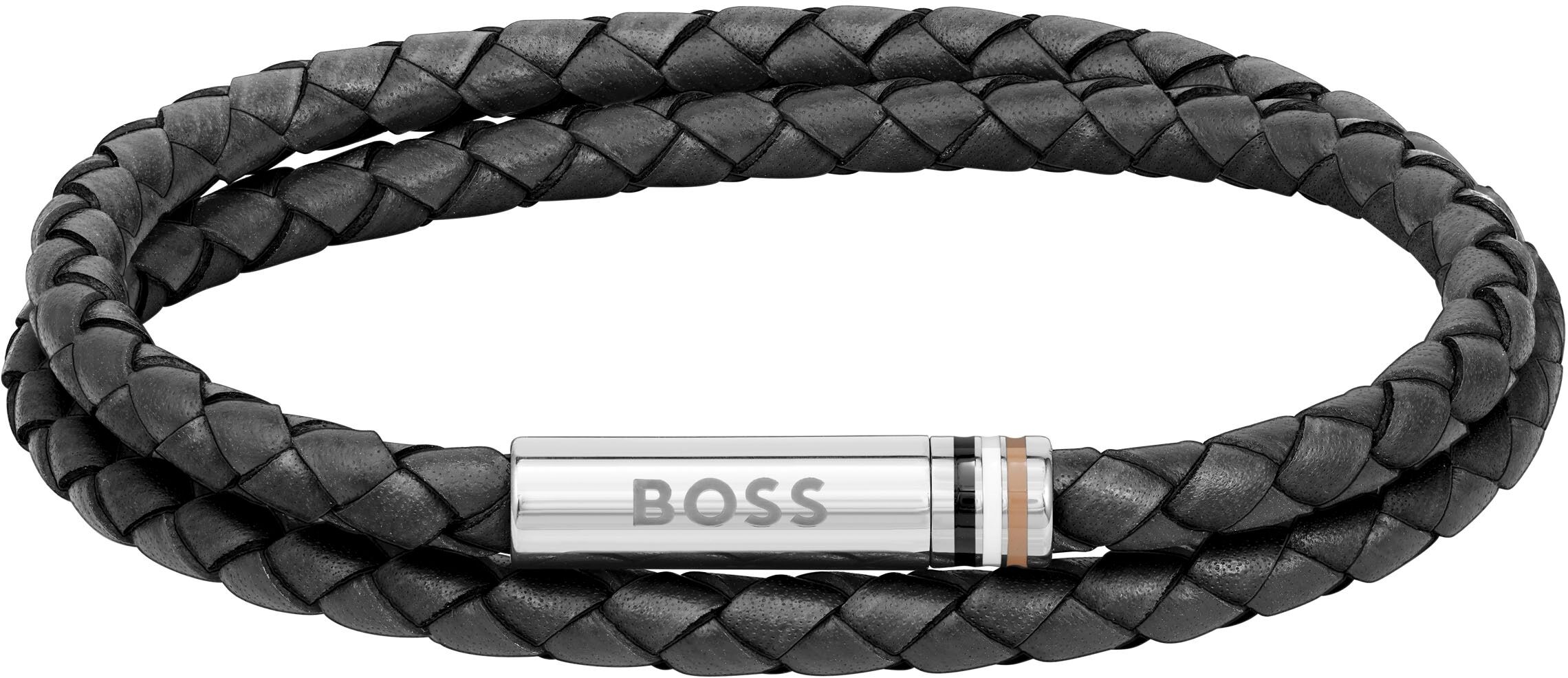 Armband BOSS "Schmuck Edelstahl Lederarmband Wickelarmband ARES" Gr. M, grau (schwarz, edelstahlfarben), Armbänder, Damen, M, Edelstahl Leder, Edelstahl, Leder, Armband schwarz, edelstahlfarben M, Edelstahl Leder