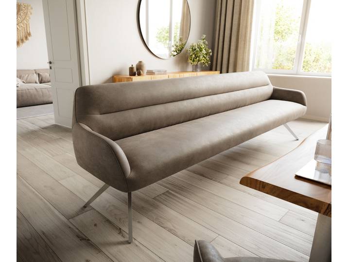 Esszimmerbank Taya-Flex 300 cm Mikrofaser Taupe Vintage Kreuzgestell kantig Edelstahl Taschenfederkern, Bänke