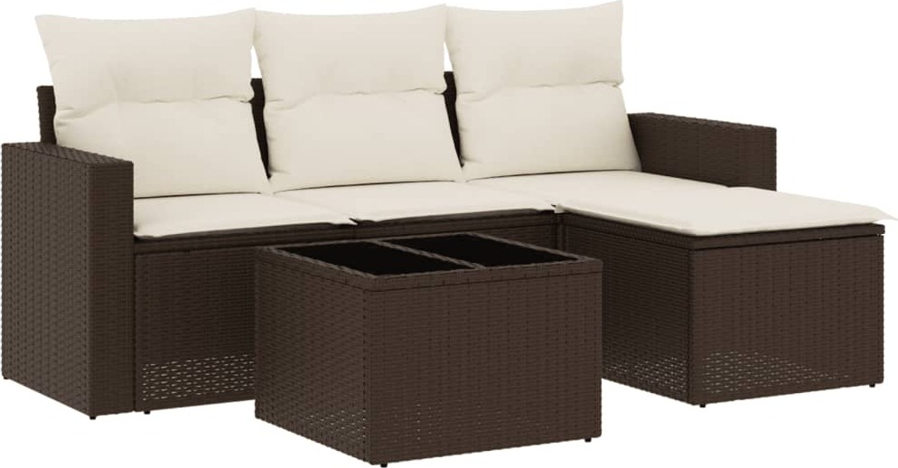Modulare Garten-Sofagarnitur, 5-teilig, Braun, mit Cremeweißen Kissen, Stauraum, wasserabweisendem Beutel, PE-Rattan, Hartglas-Tischplatte
