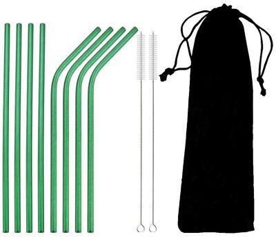 Inspired Living Rainbow Reusable Metal Straws Set With Cleaning Brush Premium Stainless Steel Drinking Straws For Cocktails, Smoothies 11pcs Green