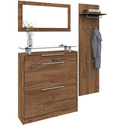 Garderoben-Set BORCHARDT MÖBEL "Oliva", braun (vintage eichefarben), Kastenmöbel-Sets, (3-tlg.), mit stehendem Schuhschrank, Paneel und Spiegel