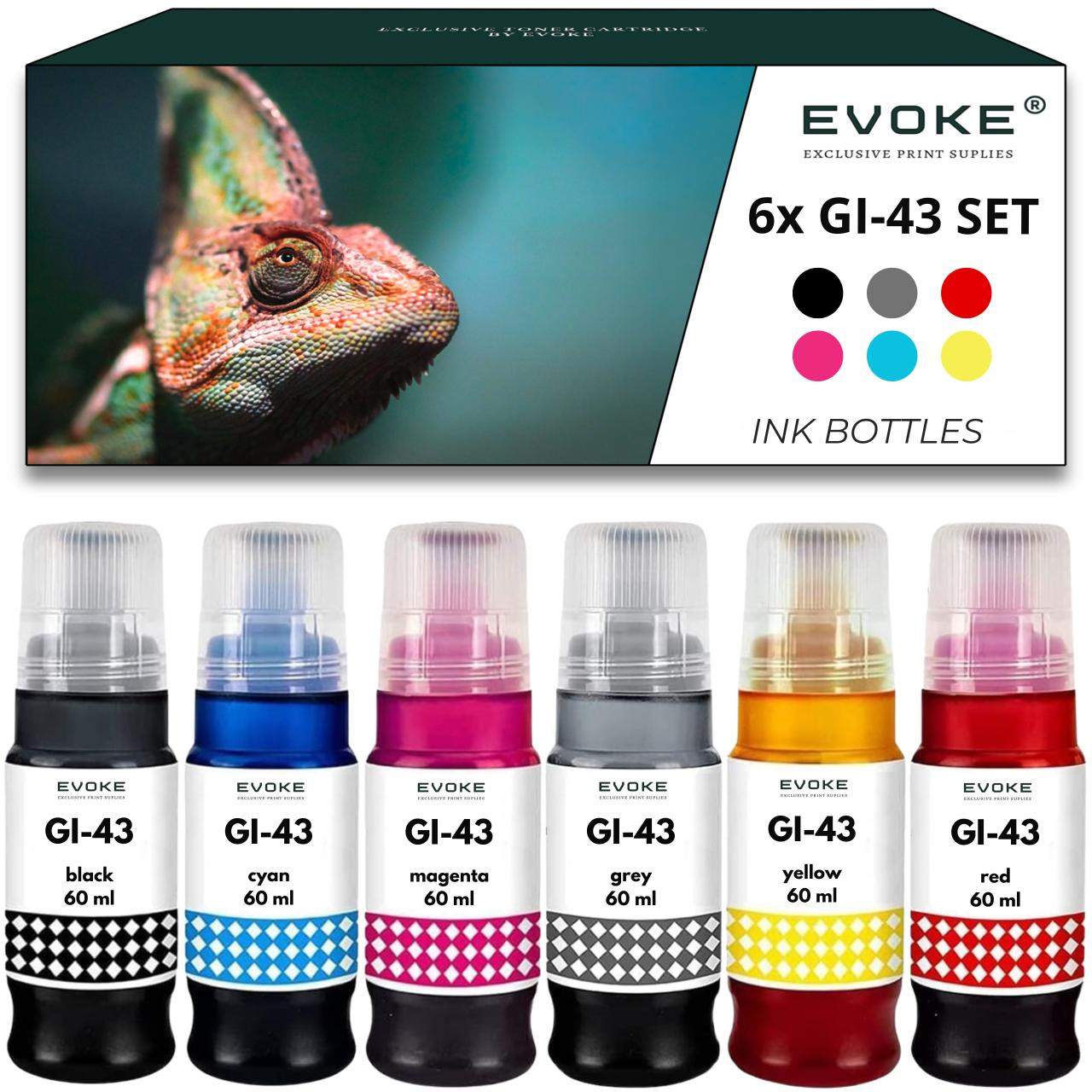 Evoke inktset voor Canon GI-43, 6 kleuren (zwart, cyaan, magenta, geel, grijs, rood), 360 ml, geschikt voor PIXMA G540, G550, G640, G650