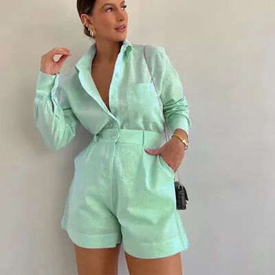 Lush Living Finds Breezy Button Up Womens Set With Long Sleeve Shirt & Short green l