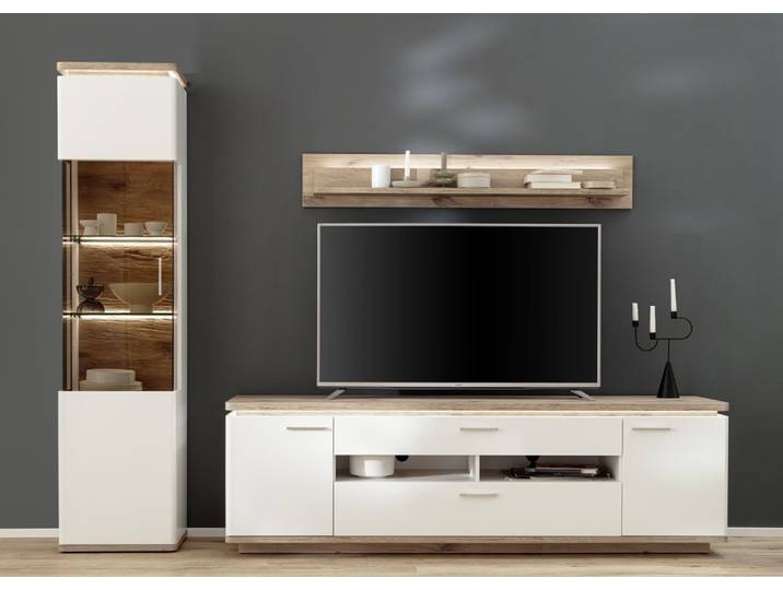 Wohnkombination Palermo 2 , Soft white / Viking Oak , 3-teilig , mit 135 cm Beleuchtung