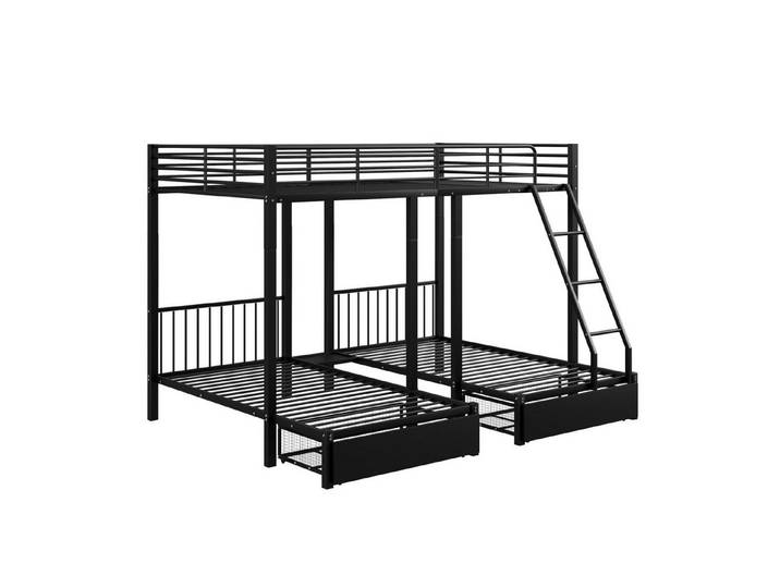 Rutaqian Etagenbett Dreifaches Etagenbett mit Schubladen, Metallbettrahmen (umwandelbar in 140 x 200 Doppelbett und zwei 90 x 200 Einzelbetten), multifunktionales Metallrahmenbett
