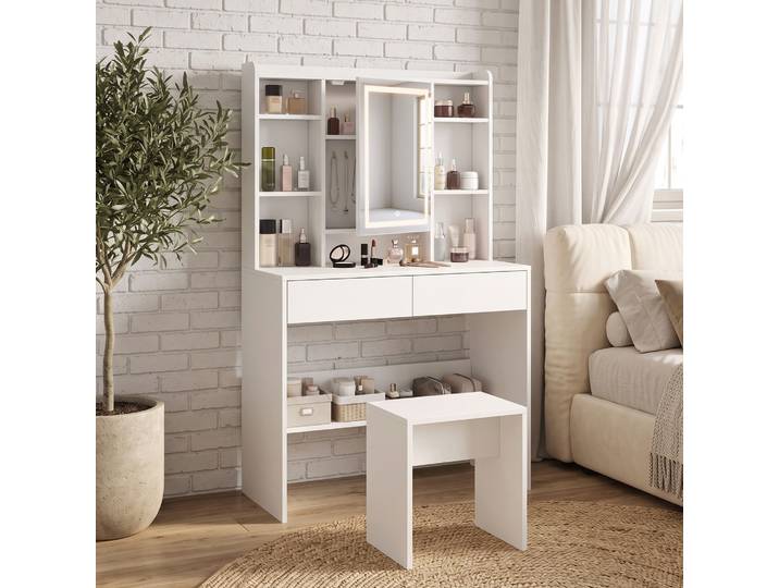 HOMCOM Coiffeuse LED Miroir 2 Tiroirs 8 Crochets Blanc