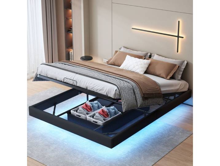 Lit Double 160x200cm Lit Flottant Lit Coffre Sans Tête Lit Sommier à Lattes LED Noir