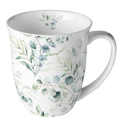 Ambiente Tasse 10cm Porzellan mit Eukalyptus Motiv - 0,4L Keramiktasse Porzellangeschirr Kaffeetasse Teetasse Kakaotasse Porzellantasse Blätterzweige Weiß Grün