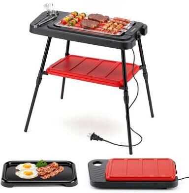 Costway 1500W 2-in-1 Electric Grill with Detachable Stand and Dual Plates for Balcony-Red