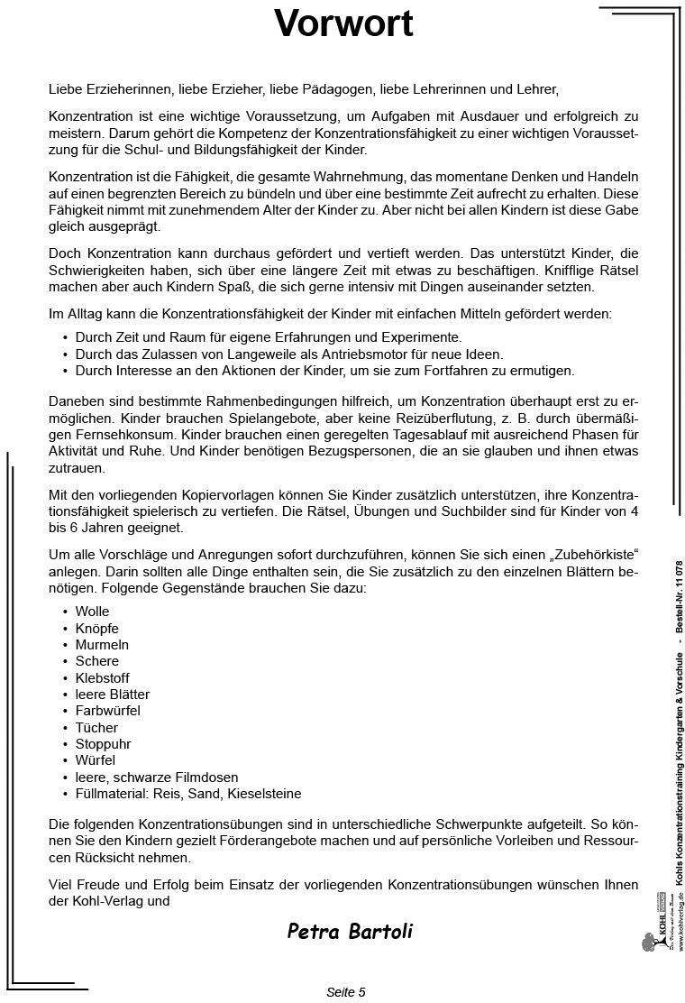 KOHL Verlag Mein tägliches Konzentrationstraining Kindergarten und Vorschule