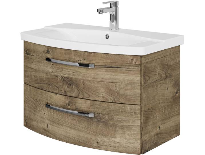 Waschtisch SAPHIR Serie 4010 Keramik-Waschtisch mit Unterschrank, 84 cm breit , braun (eiche ribbeck quer nachbildung, eiche ribbeck quer nachbildung), B:84cm H:53,7cm T:45cm, Waschtische, Waschtisch, Waschplatz mit 2 Schubladen, Badmöbel-Set mit Waschtisch