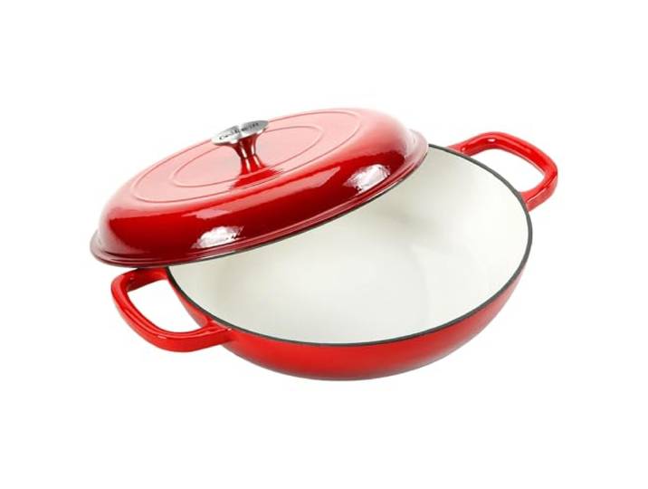 COOKWIN Gusseisen-Schmortopf,3,8 L emaillierte Gusseisen-Pfanne,robuste Kasserolle mit Deckel und zwei Griffen,Porzellan-Oberfläche,Kasserolle mit Deckel,Dutch Oven Geschenke für Familie,rot