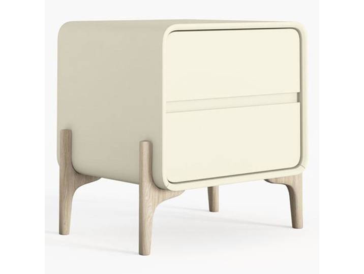 Table de chevet scandinave moderne recouverte en simili cuir avec 2 tiroirs et pieds en bois naturel - Barel Crème