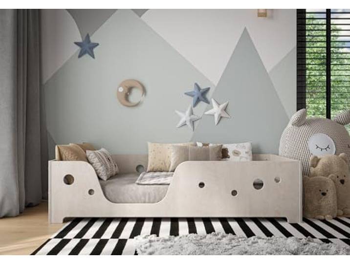 OSONO DIBBA GEO L Kinderbett 120x200 cm aus Naturholz Modernes Montessori Bodenbett aus Buchenholz mit sicherem Rausfallschutz & Lattenrost