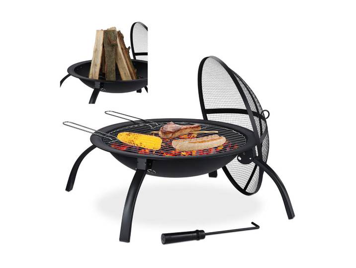 Relaxdays Feuerschale Schwarz XL Stahl Funkenschutzdeckel Grillrost, Metall, 60x42.5x60 cm, Gartenmöbel, Balkonmöbel