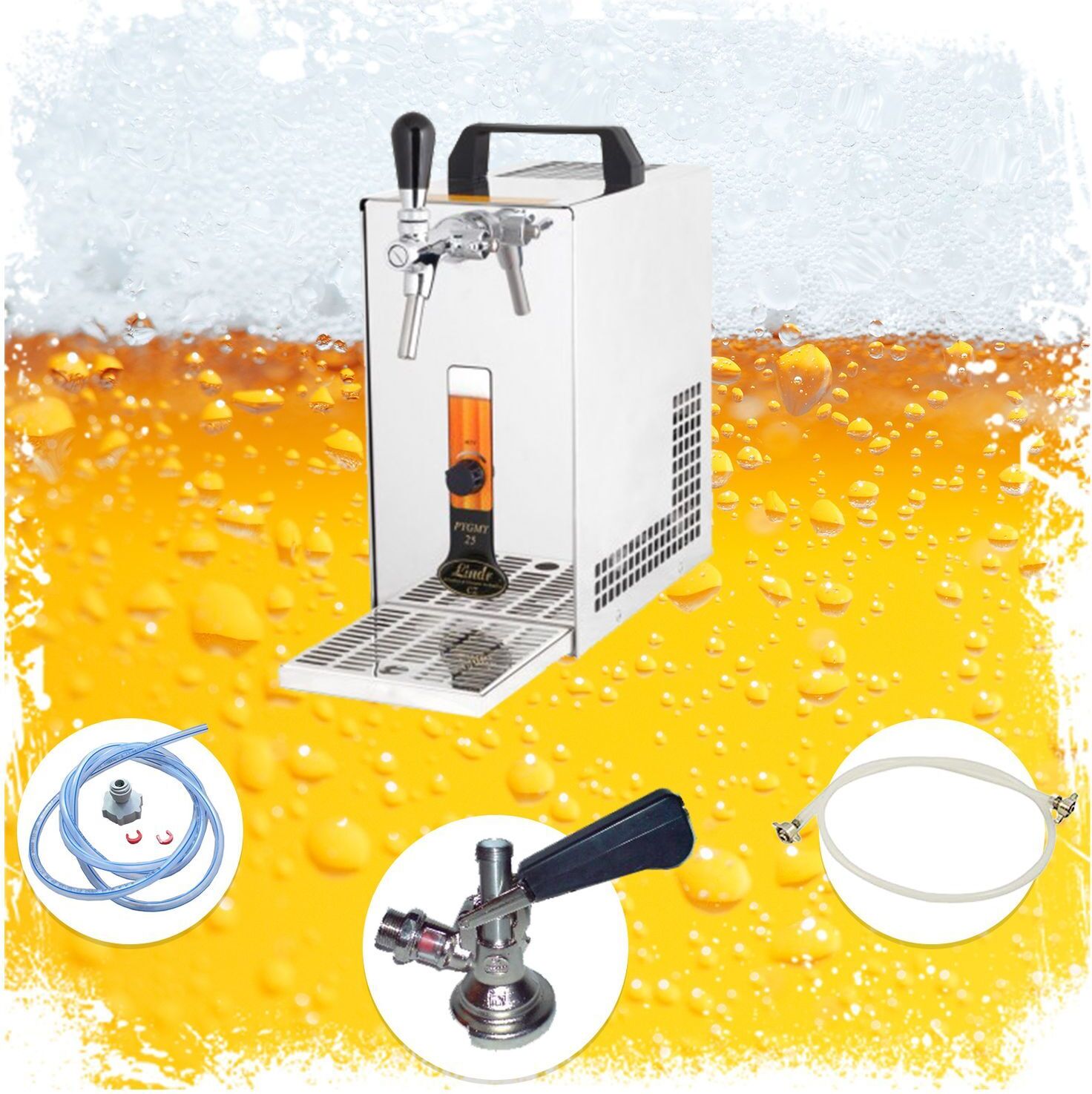 Komplett Set - Zapfanlage, Bierzapfanlage, Bierzapfen PYGMY 20/K mit Membranpumpe, 1-leitig Trockenkühlgerät aus Edelstahl, 25 Liter/h, Green Line, Dreikant