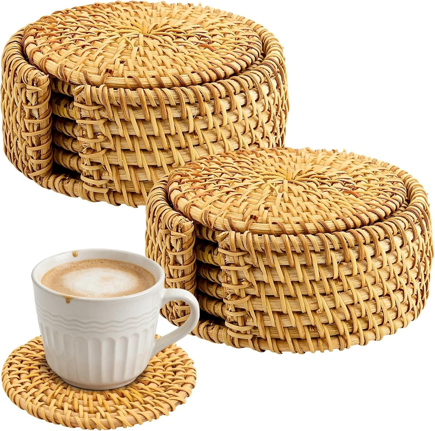 Set van 12 handgeweven rieten ronde onderzetters met 2 houders, lichtbruin, diameter: 10 cm