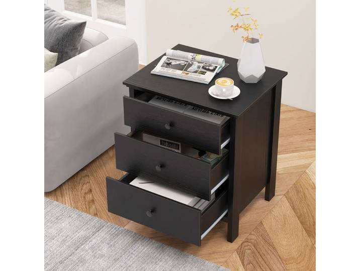 Table de Chevet - RELAX4LIFE - 3 Tiroirs - Large Plateau - Table de Nuit en Bois - Peu Encombrante - Charge 120 KG - Noir