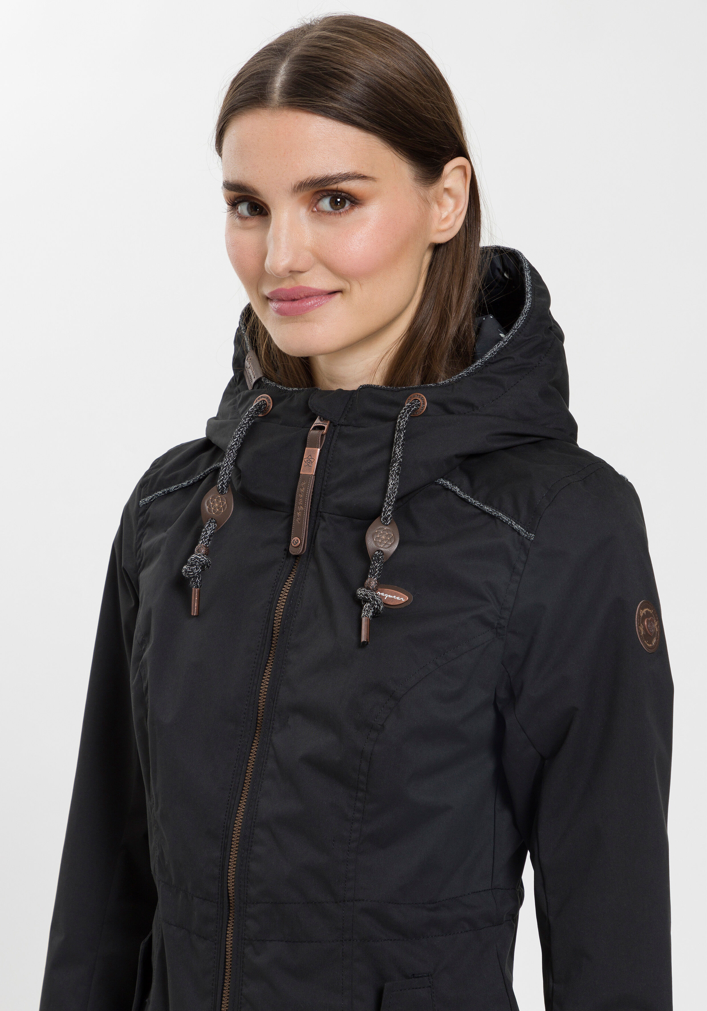 Outdoorjacke RAGWEAR "DANKA", Damen, Gr. M, schwarz (1012 schwarz flower print uni), Web, Obermaterial: 100% Polyester. Futter: 100% Polyester, gemustert, kontrastfarbene Details, unifarben, figurbetont hüftbedeckend, Rippbündchen, Jacken Outdoorjacke, Ur