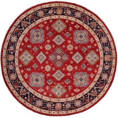 Treasured Knots Rustic Kazak Connor Light Blue/Beige Wool Round - 9'0'' x 9'0''
