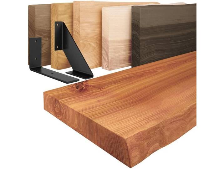 LAMO Manufaktur Étagère murale avec supports en V blancs Etagere 50 cm largeur Couleur: foncé Bord: naturel