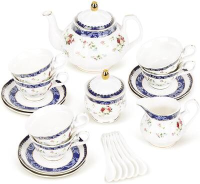 KitchenNation Elegant Porcelain Tea Sets For Adults Floral Tea Cups Set Of 6 With Sugar Bowl & Creamer blue And Roses