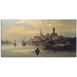 Wandbild ARTLAND "Kauffahrtsschiffe auf Bosporus, Istanbul", blau (farbe bild(er): blau), B:150cm H:75cm, Bilder, als Leinwandbild, Poster in verschied. Größen