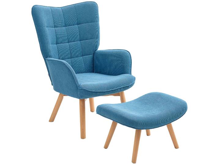 HOMCOM Ohrensessel mit Hocker Sessel mit Cordoptik für Wohnzimmer Blau