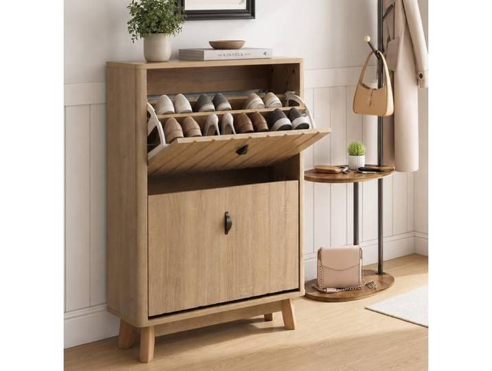 Modenuit Meuble à chaussures d'entrée ultra fin 60 x 24 x 94 cm abattant chêne