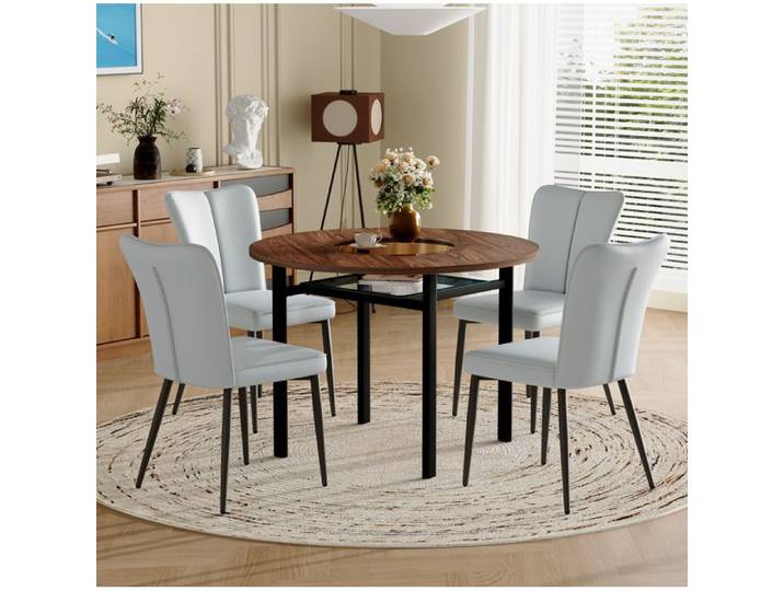 Ensemble Repas Rond Bois Brun Set Table Design FloraGrace Pour Cuisine Et Séjour Avec Étagère Verre 100x100x76cm