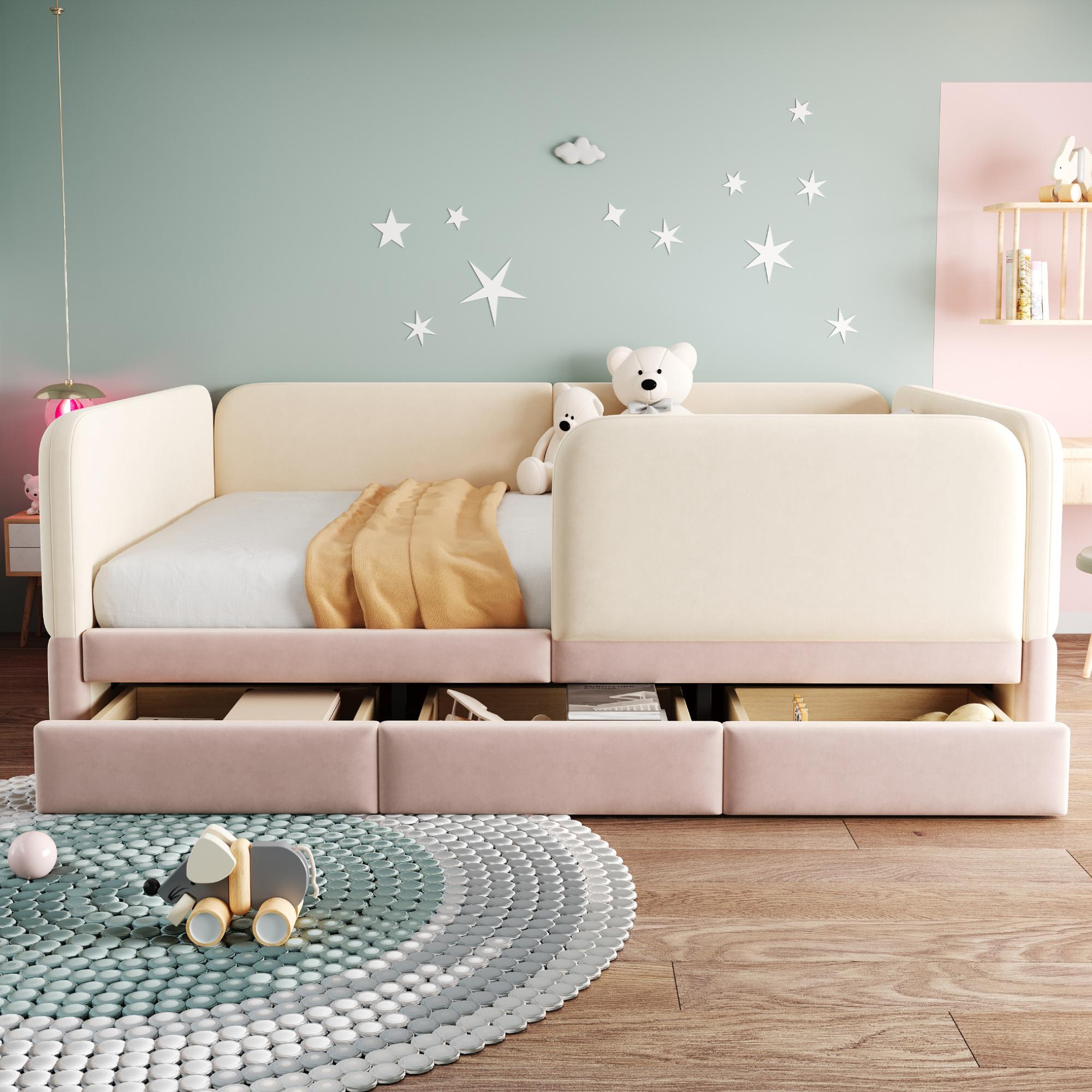 STILVORA Polsterbett 140x200 cm mit Matratze Bettgestell mit Sicherheitsumrandung und Aufbewahrungsschublade, Kinderbett mit abgerundeten Ecken, Jugendbett aus Samtstoff