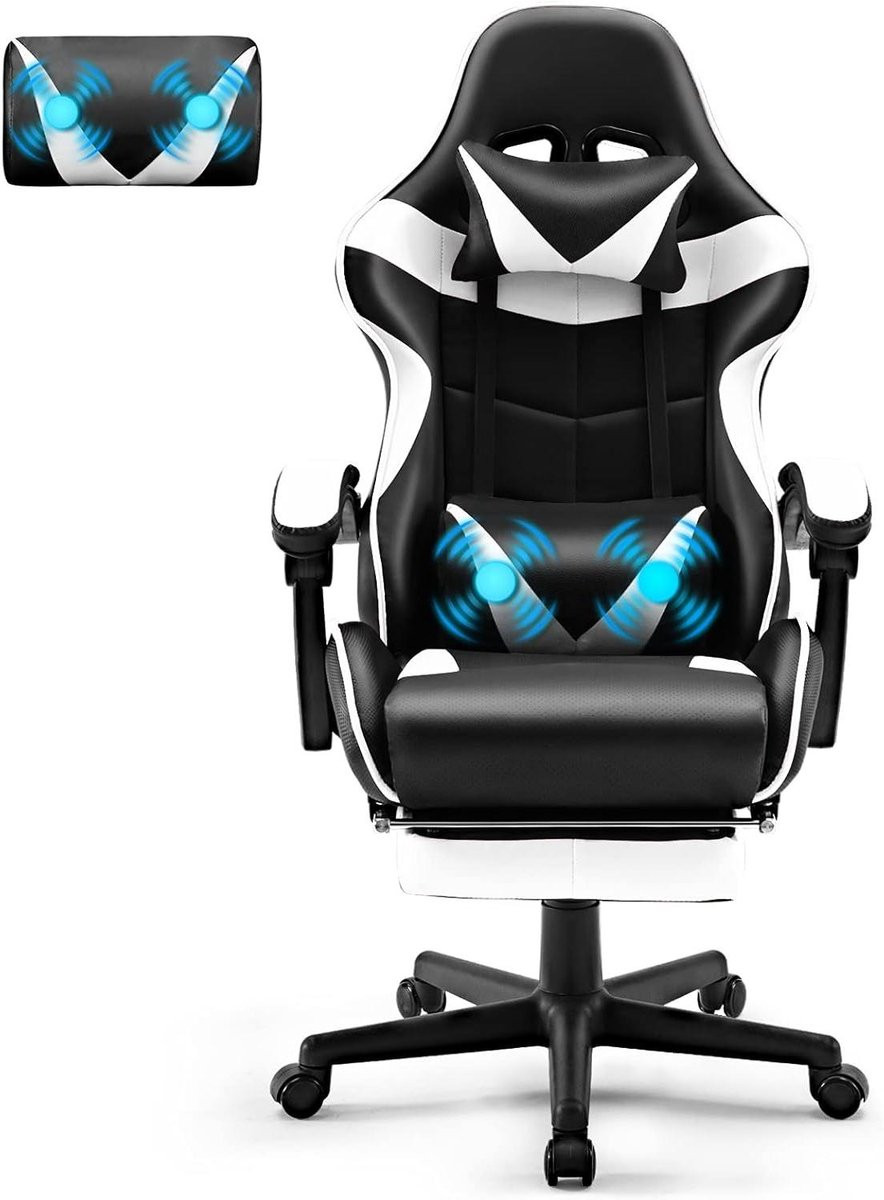 Witte Gaming Stoel met Massagefunctie voor Langdurig Comfort - Bureau Stoel tot 135kg