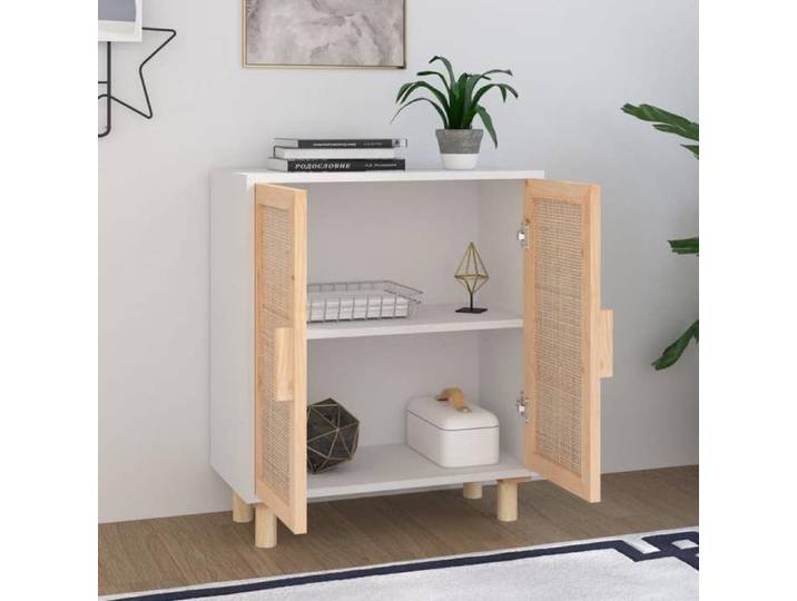 Bon plan  Buffet bahut vaisselier - JILI HOT - Buffet Blanc 60x30x70cm - Bois de pin massif et rotin naturel - commode
