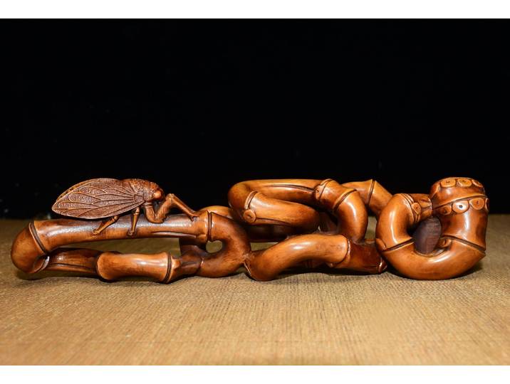 Statue de cigale dorée en bambou de buis ancien de 3 pouces, se plie en forme agréable, porte-stylo, ornements de richesse, maison de ville, exorcisme