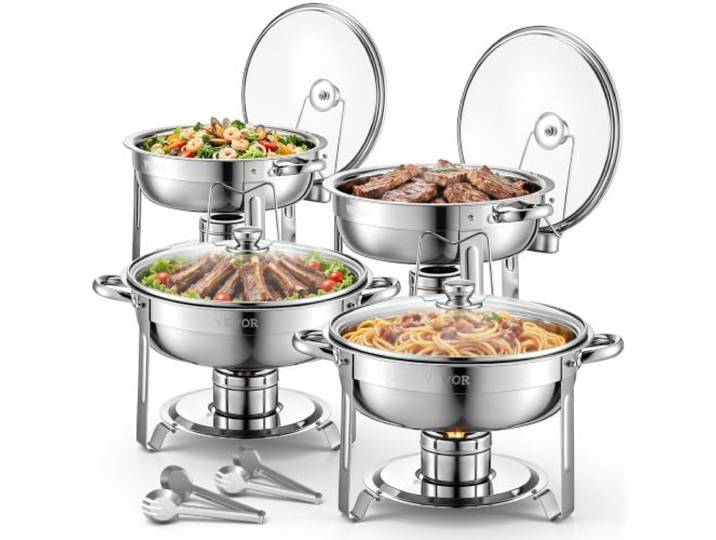 VEVOR Chauffe-Plat 4PCs 4\,7 L\, Buffet Chauffant Rond\, Réchaud en Acier Inoxydable\, avec 4 Bacs Pleine Grandeur et Couvercle en Verre\, pour Buffet Libre-Service Hôtel Traiteur Restauration\, Argenté