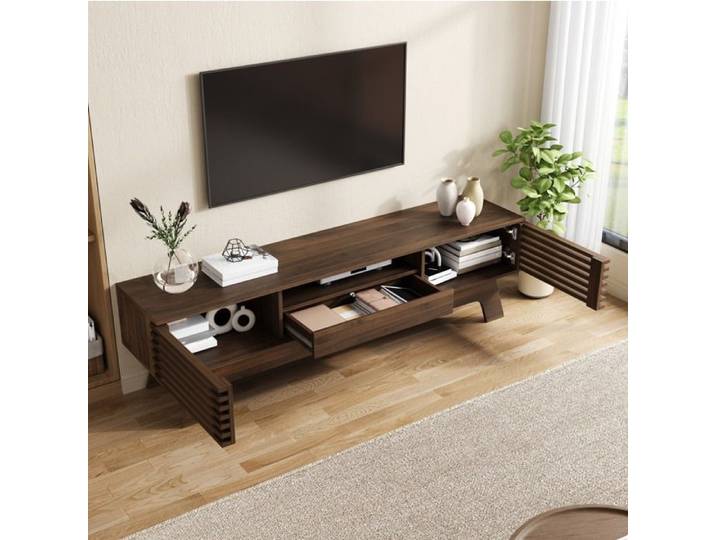 Meuble TV bas EVRYAE 150 cm avec rangement et passe-câbles salon MDF noyer