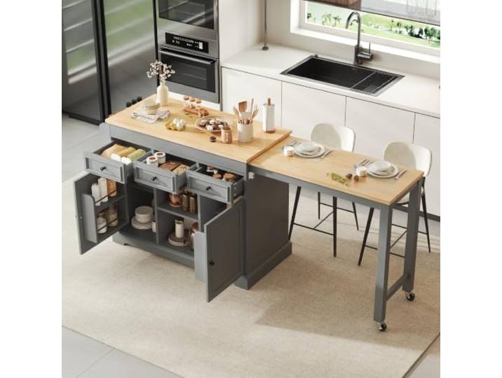 Ropilly Kücheninsel mit ausziehbarer Arbeitsplatte, grau aus MDF Mobile Kücheninsel auf Rollen mit 112–188 cm Arbeitsfläche, Schubladen und Gewürzregal für Küche und Essplatz