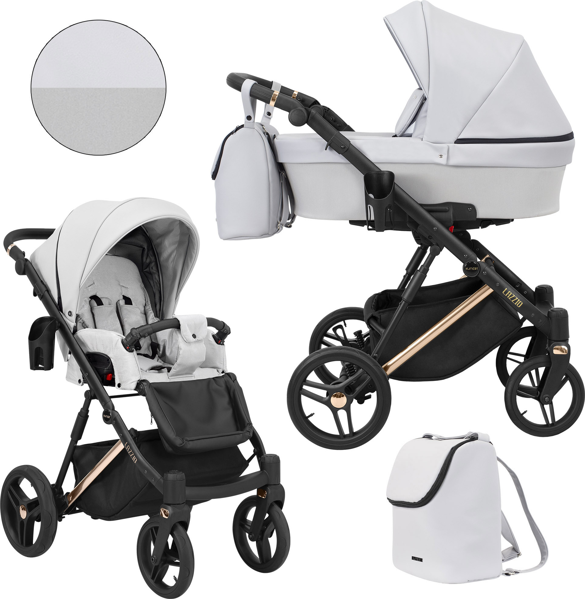 Kinderwagen LAZZIO PREMIUM Sportwagen Babywagen Babyschale Komplettset Kinder Wagen Set 2 in 1 (Asche + eco, Rahmenfarbe: Kupfer)